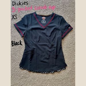 Dickies V-Neck Scrub Top XS Black w/ Red Piping